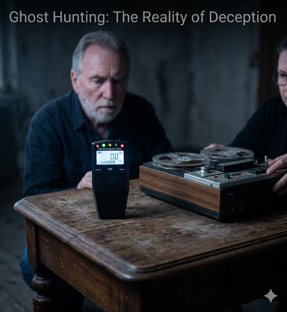 A close-up photograph capturing an EMF (Electromagnetic Field) meter with a glowing green and yellow display and a vintage reel-to-reel audio recorder resting on a dusty antique wooden table in a dimly lit room, suggesting a quiet moment during a ghost hunting investigation.