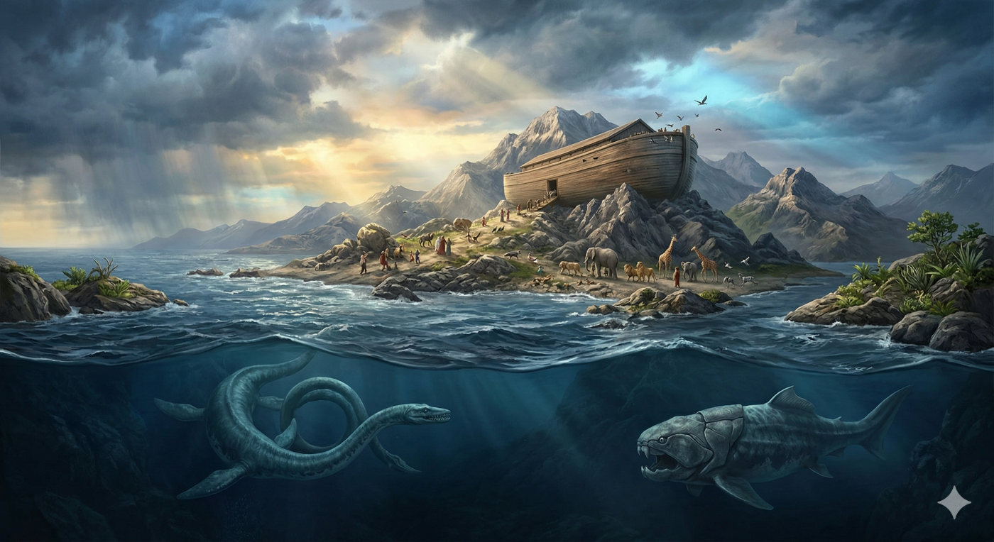 An illustration showing the immense scale of Noah's Flood, with turbulent, deep waters covering much of the earth. Submerged, non-air-breathing marine creatures, including a large coiled sea reptile and a placoderm-like armored fish, are seen swimming in the vast depths far below the visible Ark, which is floating on the distant horizon under a dark, dramatic, storm-laden sky. This image visually represents the possibility that many unknown aquatic creatures could have survived the Flood in the deep ocean, separate from the animals preserved on the Ark.