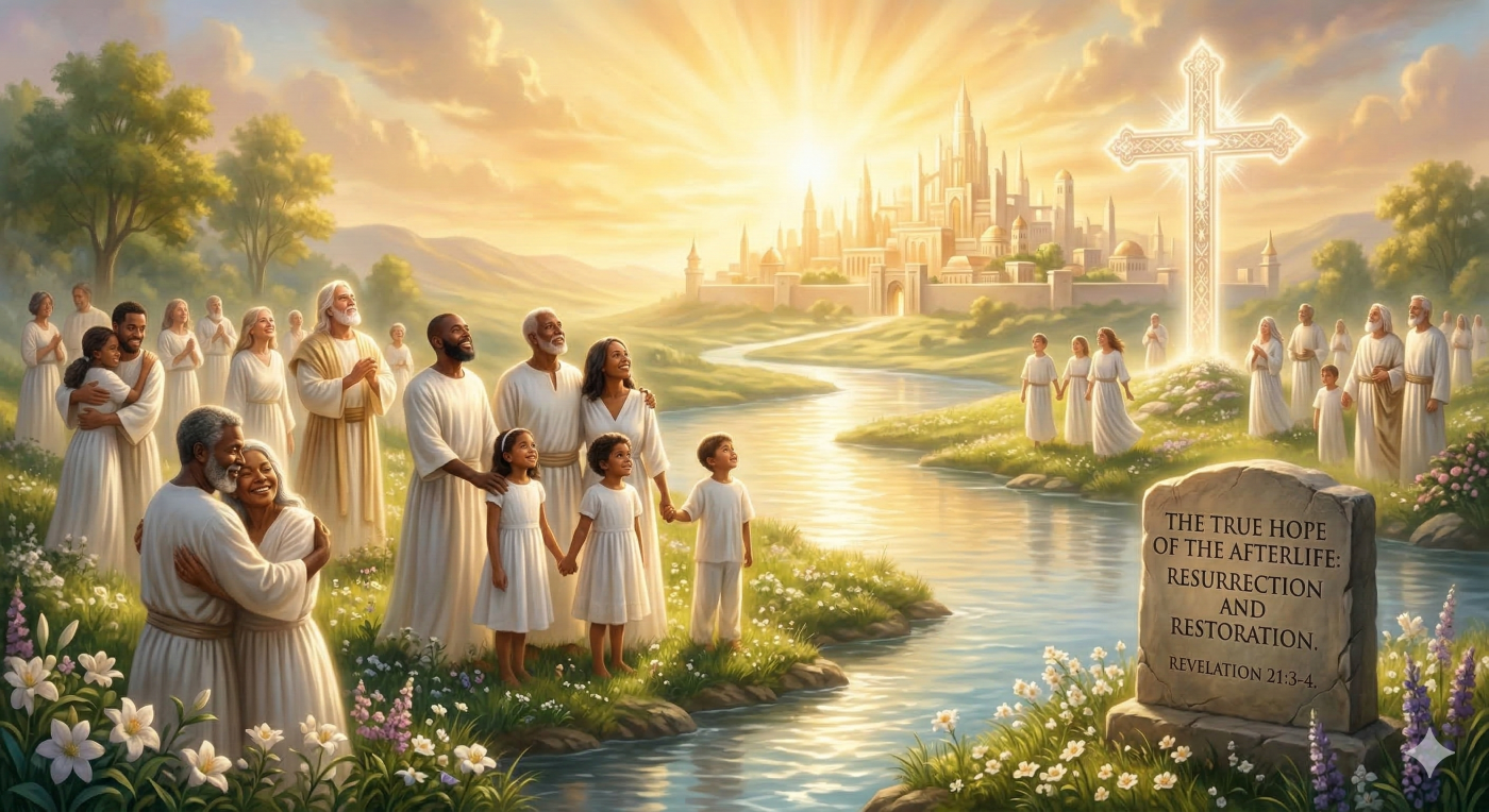 A boundless, radiant golden divine light completely replaces the chasm of torment, symbolizing the Biblical 'true hope of the afterlife.' Luminous, joyful, and restored souls gather peacefully on the lush bank of a crystal-clear river, embracing loved ones and looking toward a glorious, heavenly city of light, illustrating total resurrection and reconciliation in Christ.