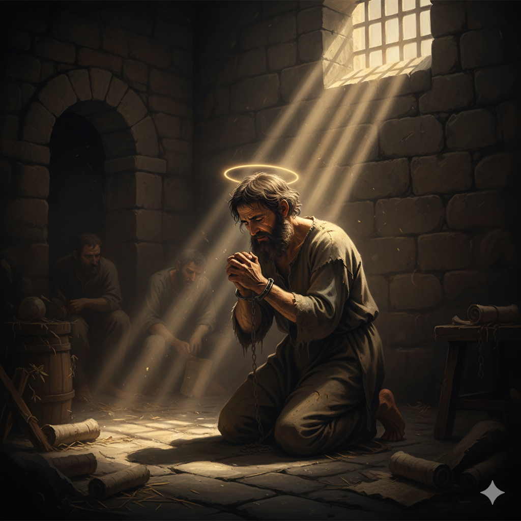 A dramatic depiction of the humble prayer and repentance of king manasseh, showing a king in tattered robes seeking God's mercy from a dark prison cell. A dramatic depiction of the humble prayer and repentance of king manasseh, showing a king in tattered robes seeking God's mercy from a dark prison cell.