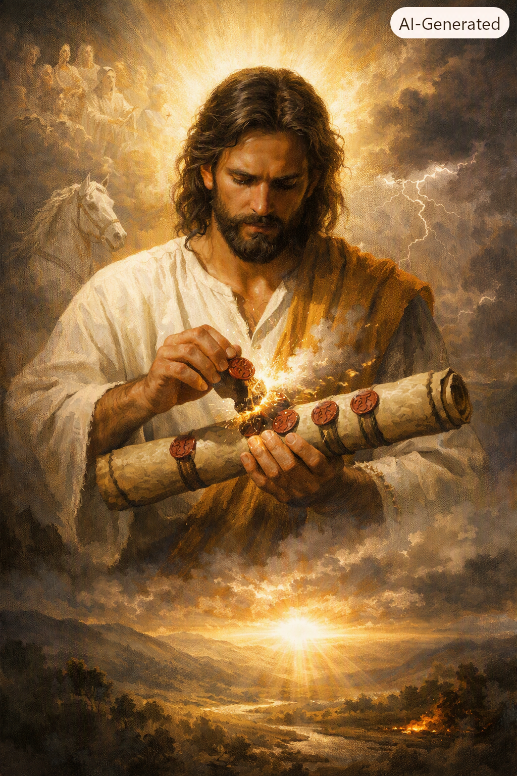 Jesus opening the first seal of the Book of Revelation, radiant light surrounding Him as the white horse emerges in the background.