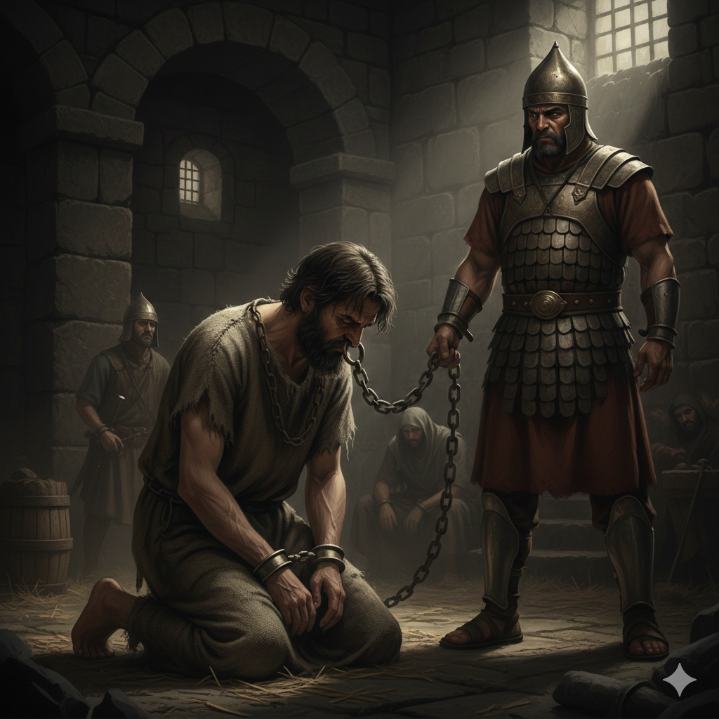 King Manasseh in Assyrian captivity, bound in chains and humbled in a dungeon before the repentance of king manasseh. King Manasseh in Assyrian captivity, bound in chains and humbled in a dungeon before the repentance of king manasseh.