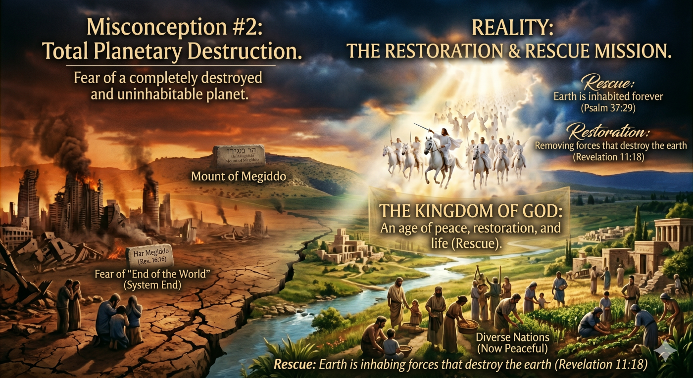 A detailed educational illustration contrasting a common misconception about the battle of armageddon with biblical reality. The image shows a rolling landscape based on previous illustrations. The left side, labeled Misconception #2, depicts a desolate, post-apocalyptic scorched earth scenario with a city in ruins. The right side shows a flourishing, lush landscape where diverse people, previously seen in unity, are now peacefully rebuilding and cultivating a restored world under a massive, radiant golden light from a parting sky, representing the establishment of God’s Kingdom on earth as a rescue mission (Psalm 37:29, Revelation 11:18).
