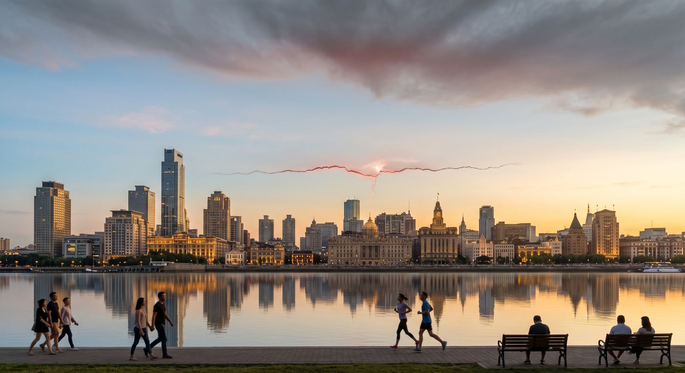 A wide landscape view of a grand city waterfront at dusk. The historic architecture and a modern skyscraper are reflected in the river. In the background, a unique, thin band of red light stretches across the twilight sky under dark clouds. Joggers and pedestrians are seen on the walkway in the foreground. A wide landscape view of a grand city waterfront at dusk. The historic architecture and a modern skyscraper are reflected in the river. In the background, a unique, thin band of red light stretches across the twilight sky under dark clouds. Joggers and pedestrians are seen on the walkway in the foreground.
