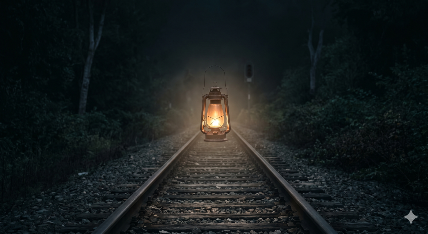 A photograph taken at night of a solitary, lit antique lantern floating silently in the air over a dark railroad track, with no visible person holding it. The surrounding environment is dense, dark foliage and a straight track leading into the distance.