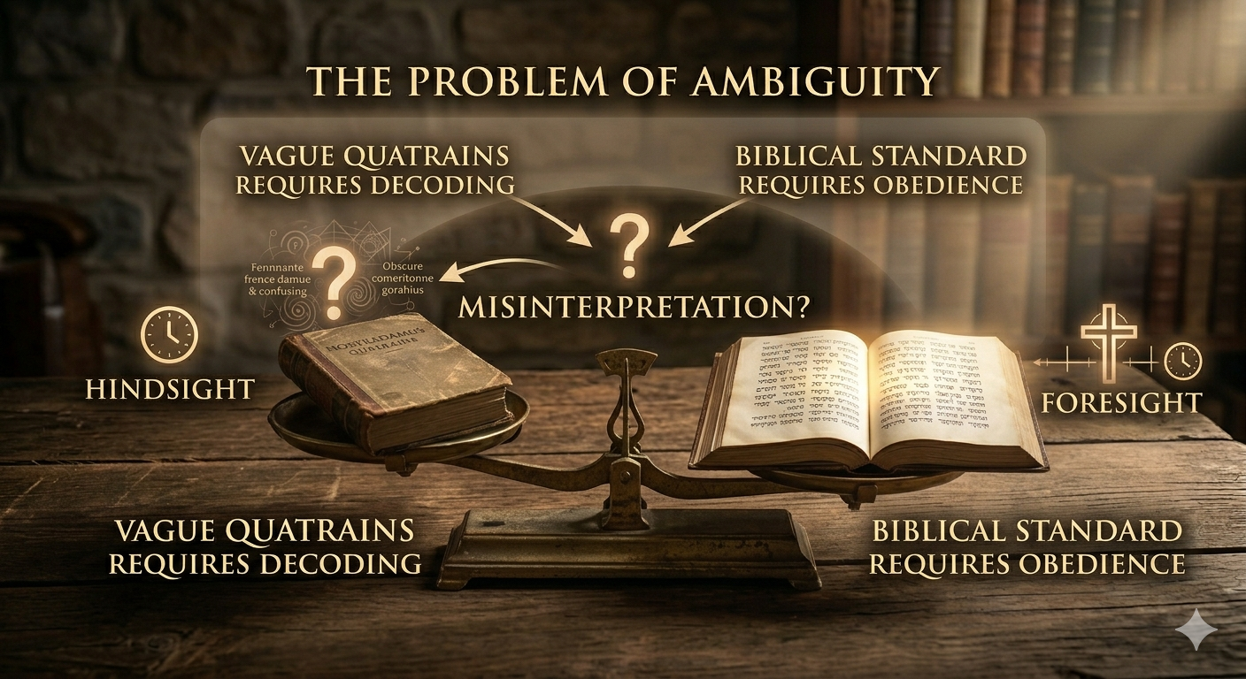 An atmospheric illustration in an antique library setting showing a swirling question mark separating chaotic gears (representing the hindsight and ambiguity of Nostradamus quatrains) from a clear, powerful golden arrow pointing forward (representing the foresight and definitive clarity of biblical prophecy)