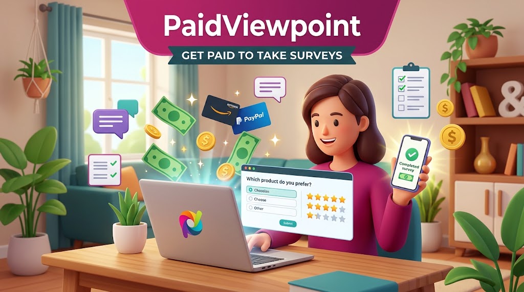 3D illustration promoting PaidViewpoint, featuring a woman completing online surveys on a laptop and smartphone while earning cash, PayPal rewards, and gift cards. 3D illustration promoting PaidViewpoint, featuring a woman completing online surveys on a laptop and smartphone while earning cash, PayPal rewards, and gift cards.