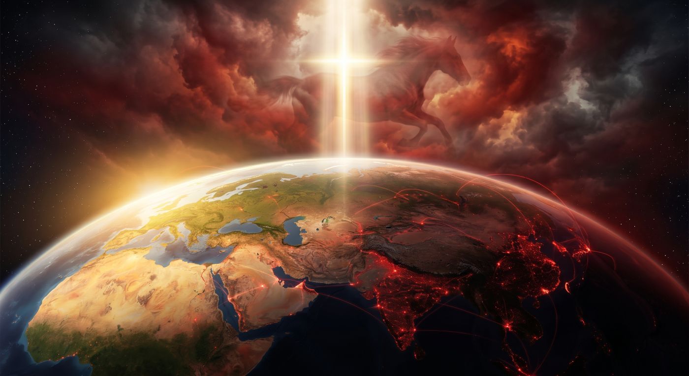 A dramatic, panoramic view of Earth from space focused on Europe and Africa, half illuminated by a warm sunrise and half in darkness showing glowing city night lights and red networking lines. In the dark, red-clouded atmosphere above, a faint, translucent silhouette of a galloping horse appears alongside a powerful vertical beam of bright light forming a subtle cross-shaped glow. A dramatic, panoramic view of Earth from space focused on Europe and Africa, half illuminated by a warm sunrise and half in darkness showing glowing city night lights and red networking lines. In the dark, red-clouded atmosphere above, a faint, translucent silhouette of a galloping horse appears alongside a powerful vertical beam of bright light forming a subtle cross-shaped glow.