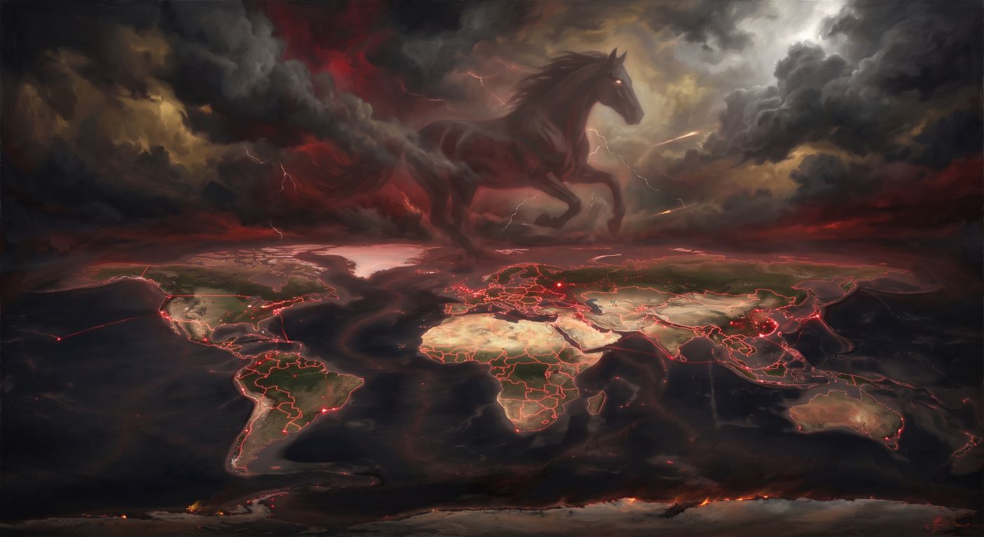 An ominous artistic rendering of a world map with major cities glowing in fiery red light, set against a backdrop of storm clouds. Above the earth, a massive, muscular dark horse with glowing eyes gallops through the red and gold clouds, accompanied by flashes of lightning. An ominous artistic rendering of a world map with major cities glowing in fiery red light, set against a backdrop of storm clouds. Above the earth, a massive, muscular dark horse with glowing eyes gallops through the red and gold clouds, accompanied by flashes of lightning.