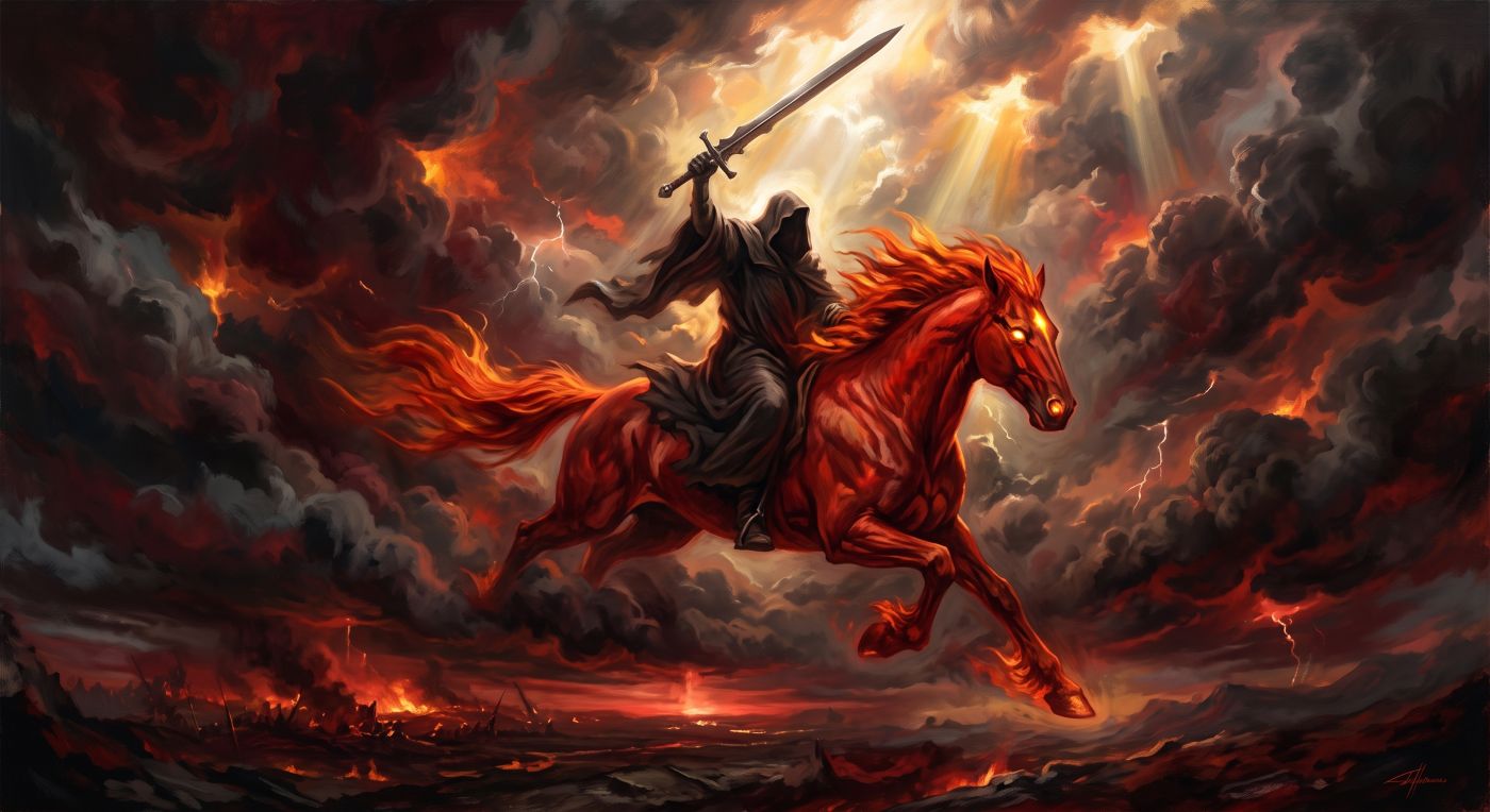 A painterly apocalyptic artwork of the fiery Red Horse of Revelation galloping across a storm-darkened sky. A shadowed, hooded rider holds a gleaming sword raised toward the heavens as golden rays of divine light break through swirling deep red and black clouds. Below, a distant landscape faintly burns with a crimson glow. A painterly apocalyptic artwork of the fiery Red Horse of Revelation galloping across a storm-darkened sky. A shadowed, hooded rider holds a gleaming sword raised toward the heavens as golden rays of divine light break through swirling deep red and black clouds. Below, a distant landscape faintly burns with a crimson glow.