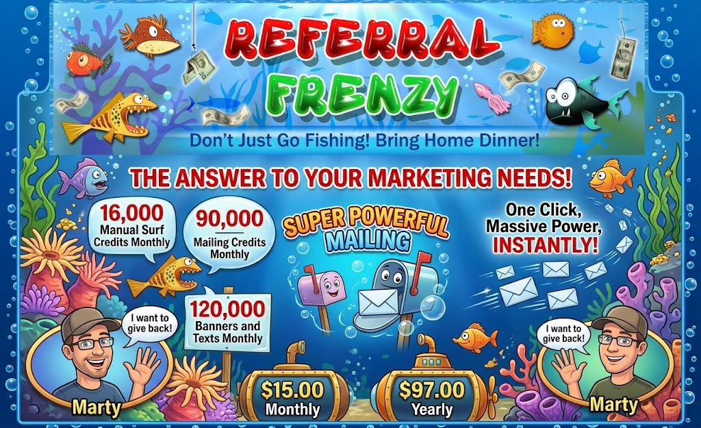 Graphic illustration representing the Referral Frenzy marketing website, featuring an underwater theme with animated fish, dollar bills, and text promoting email marketing services, monthly advertising credits, and pricing options. Graphic illustration representing the Referral Frenzy marketing website, featuring an underwater theme with animated fish, dollar bills, and text promoting email marketing services, monthly advertising credits, and pricing options.