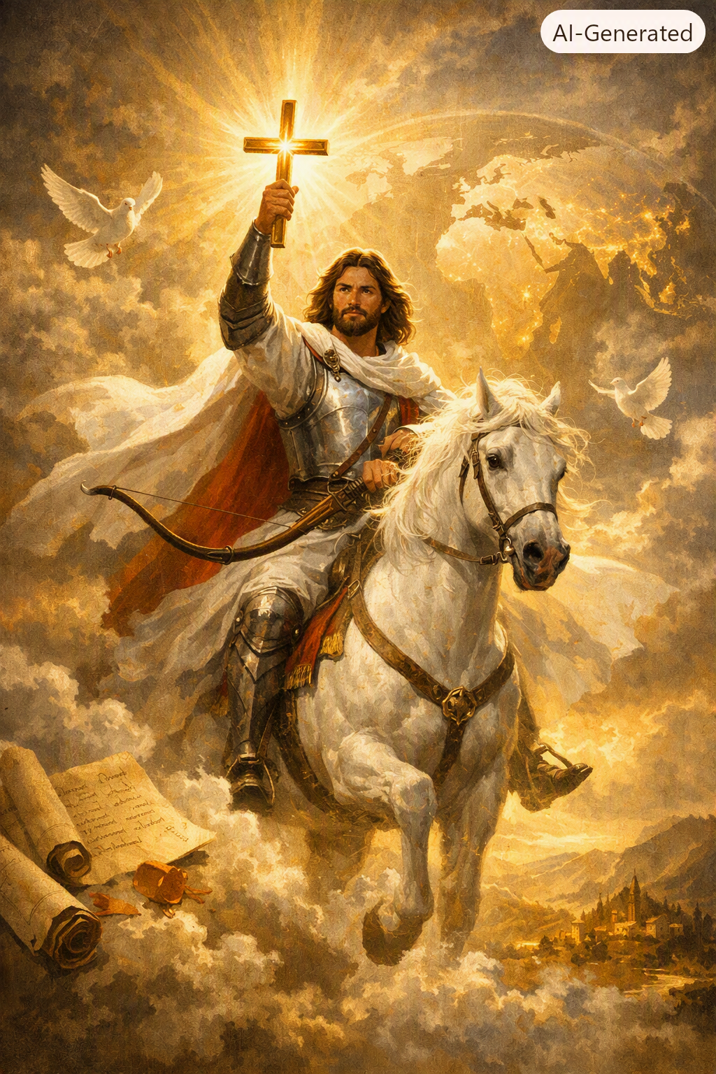 Symbolic rider on a white horse holding a glowing cross, representing the spread of the gospel from Revelation 6.