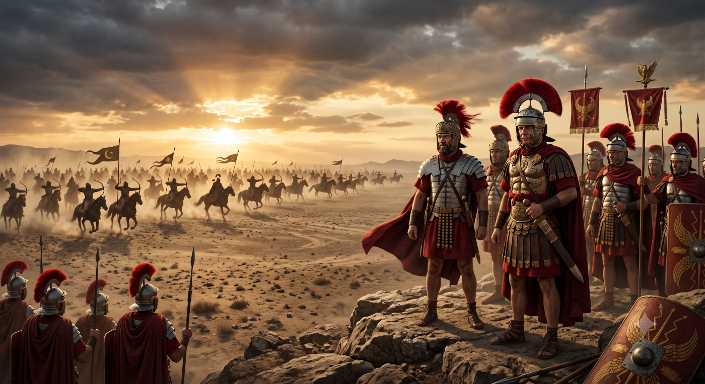 A wide-angle historical scene at sunset where a group of Roman legionaries, in full armor with red capes and plumed helmets, stand on a rocky overlook. In the dusty valley below, a large force of Parthian horse archers charges, marked by banners with crescent moons and stars. The dramatic golden sunlight pierces through cloudy skies.