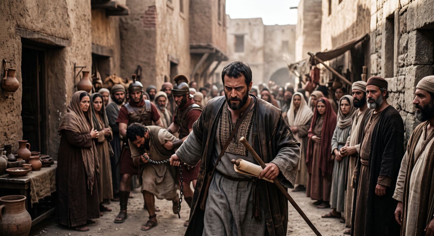 An intense scene set in ancient Jerusalem showing Saul (Paul) striding down a dusty street with intense determination, holding a religious scroll. Behind him, guards drag early Christians in chains, while onlookers in traditional attire watch in distress and quiet shock. An intense scene set in ancient Jerusalem showing Saul (Paul) striding down a dusty street with intense determination, holding a religious scroll. Behind him, guards drag early Christians in chains, while onlookers in traditional attire watch in distress and quiet shock.