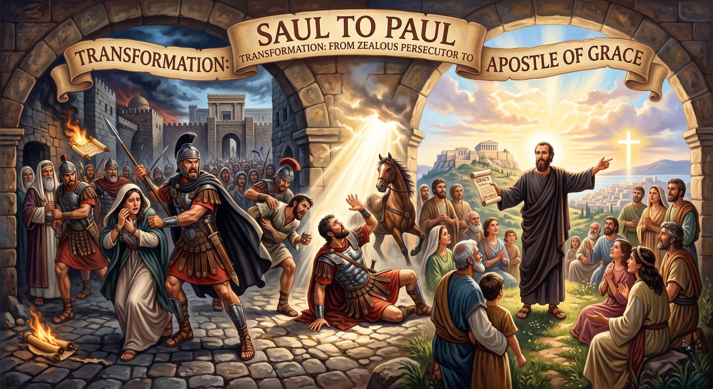 A split illustration titled "Saul to Paul Transformation: From Zealous Persecutor to Apostle of Grace." On the left, Saul is depicted as a stern, dark-robed figure surrounded by armed guards holding arrest scrolls. In the center, a bright burst of divine light marks his conversion on the road to Damascus. On the right, Paul appears as a peaceful apostle kneeling in warm light, holding a scroll with "Grace & Love" as a crowd listens nearby. A split illustration titled "Saul to Paul Transformation: From Zealous Persecutor to Apostle of Grace." On the left, Saul is depicted as a stern, dark-robed figure surrounded by armed guards holding arrest scrolls. In the center, a bright burst of divine light marks his conversion on the road to Damascus. On the right, Paul appears as a peaceful apostle kneeling in warm light, holding a scroll with "Grace & Love" as a crowd listens nearby.