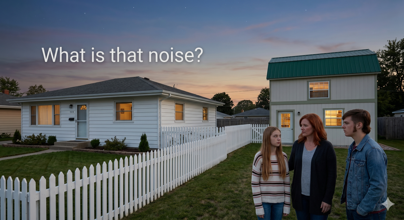 A photograph taken at dusk of a woman, a teenage girl, and a teenage boy with sideburns standing in a grassy area next to a white fence, looking towards a white ranch-style house and a compact two-story workshop. The text 'What is that noise?' is overlaid on the image.