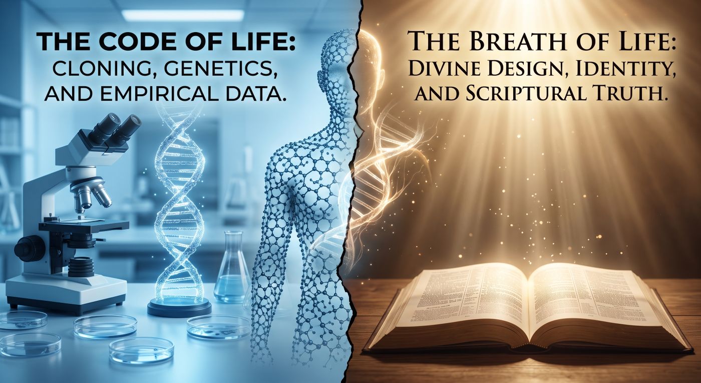 A split-concept illustration contrasting scientific discovery and biblical faith. The left side displays a sterile laboratory setting lit in cool blue tones, featuring a microscope, petri dishes, a glowing DNA double helix, and a molecular human silhouette. The right side shows an open Bible on a wooden surface bathed in warm golden light, with soft rays symbolizing divine creation. A jagged boundary down the middle joins the two sides at an ethical crossroads. A split-concept illustration contrasting scientific discovery and biblical faith. The left side displays a sterile laboratory setting lit in cool blue tones, featuring a microscope, petri dishes, a glowing DNA double helix, and a molecular human silhouette. The right side shows an open Bible on a wooden surface bathed in warm golden light, with soft rays symbolizing divine creation. A jagged boundary down the middle joins the two sides at an ethical crossroads.