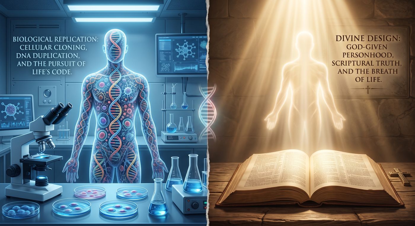 A split-screen illustration contrasting scientific and religious perspectives on the origin of life. The left side, in blue tones, shows a laboratory with a microscope, petri dishes, and a translucent human figure made of DNA helices, titled "Biological Replication: Cellular Cloning, DNA Duplication, and the Pursuit of Life’s Code." The right side, in warm, golden light, features an open Bible on a wooden table with a luminous human spirit ascending toward heaven, titled "Divine Design: God-Given Personhood, Scriptural Truth, and the Breath of Life." A split-screen illustration contrasting scientific and religious perspectives on the origin of life. The left side, in blue tones, shows a laboratory with a microscope, petri dishes, and a translucent human figure made of DNA helices, titled "Biological Replication: Cellular Cloning, DNA Duplication, and the Pursuit of Life’s Code." The right side, in warm, golden light, features an open Bible on a wooden table with a luminous human spirit ascending toward heaven, titled "Divine Design: God-Given Personhood, Scriptural Truth, and the Breath of Life."