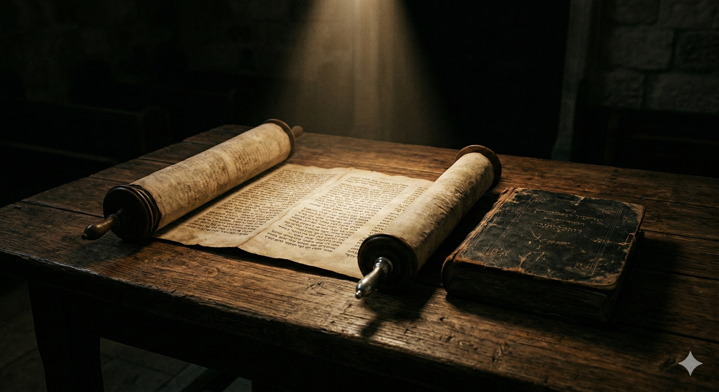 A lit antique Torah scroll open on a table next to an old book, bathed in a focused beam of light, symbolizing the historical survival and divine protection of the Jewish nation.