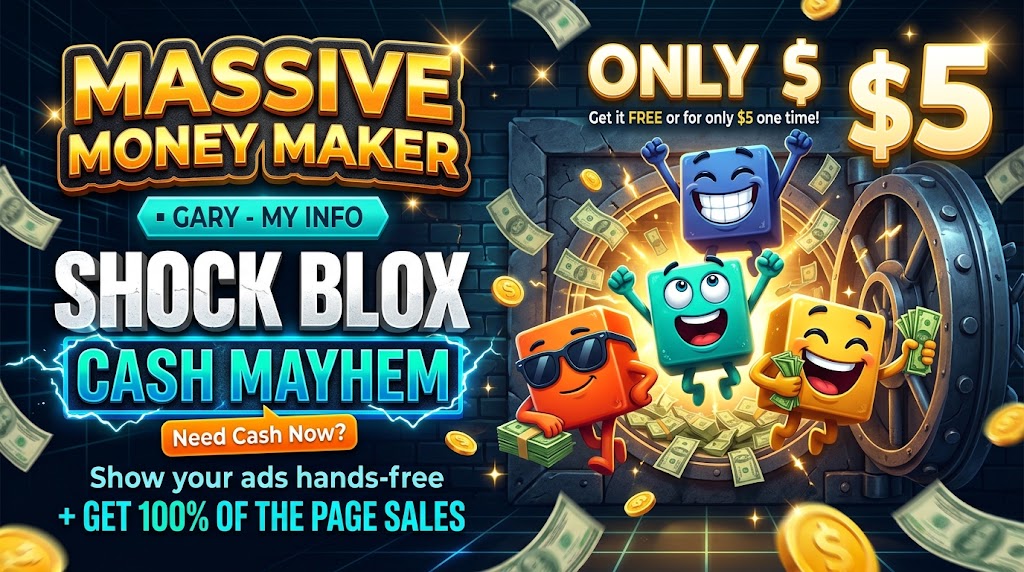 Promos graphic for Shock Blox Cash Mayhem featuring animated square block characters celebrating around an open vault with floating dollar bills and gold coins, alongside headline text offering hands-free ad exposure and $5 entry. Promos graphic for Shock Blox Cash Mayhem featuring animated square block characters celebrating around an open vault with floating dollar bills and gold coins, alongside headline text offering hands-free ad exposure and $5 entry.