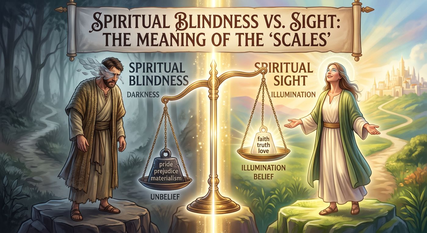 An illustration depicting spiritual blindness versus spiritual sight. On the left, under a dark background, a man stands with translucent scales peeling away from his eyes, labeled "Spiritual Blindness". On the right, under a bright glow, a woman stands in light looking toward a golden city, labeled "Spiritual Sight". In the center, a set of golden balance scales contrasts weights labeled with terms like pride and unbelief against faith, truth, and illumination. A banner across the top displays the text "Spiritual Blindness vs. Sight: The Meaning of the 'Scales'". An illustration depicting spiritual blindness versus spiritual sight. On the left, under a dark background, a man stands with translucent scales peeling away from his eyes, labeled "Spiritual Blindness". On the right, under a bright glow, a woman stands in light looking toward a golden city, labeled "Spiritual Sight". In the center, a set of golden balance scales contrasts weights labeled with terms like pride and unbelief against faith, truth, and illumination. A banner across the top displays the text "Spiritual Blindness vs. Sight: The Meaning of the 'Scales'".
