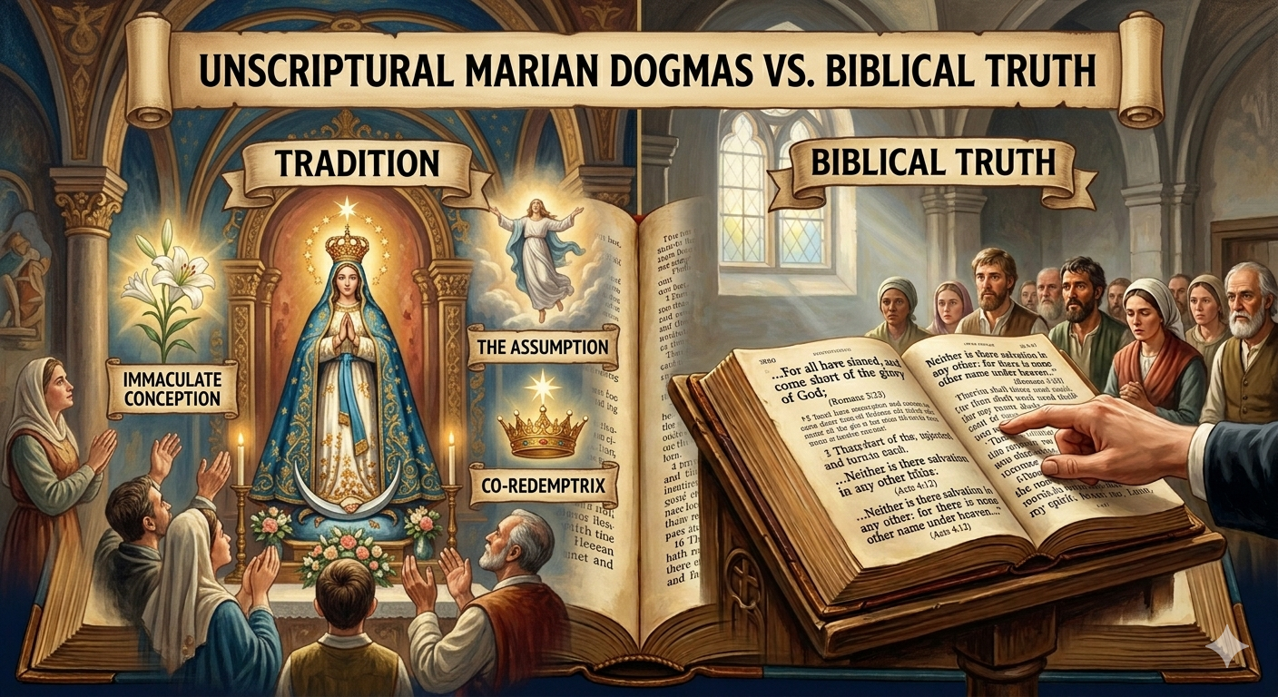 A split illustration in an arch-bordered, classical fresco style comparing Catholic dogmas with biblical scripture. The left panel, labeled "TRADITION," depicts symbols of the dogmas: a glowing white lily representing the Immaculate Conception, an ethereal ascending figure representing the Assumption, and a crown with a glowing star representing the Co-Redemptrix title. Text overlays read: "IMMACULATE CONCEPTION," "THE ASSUMPTION," and "CO-REDEMPTRIX." The right panel, labeled "BIBLICAL TRUTH," shows a large, open Bible under a clear, focused ray of light highlighting the verses Romans 3:23 ("For all have sinned") and Acts 4:12 ("Neither is there salvation in any other"). A main top scroll header reads: "UNSCRIPTURAL MARIAN DOGMAS VS. BIBLICAL TRUTH". A split illustration in an arch-bordered, classical fresco style comparing Catholic dogmas with biblical scripture. The left panel, labeled "TRADITION," depicts symbols of the dogmas: a glowing white lily representing the Immaculate Conception, an ethereal ascending figure representing the Assumption, and a crown with a glowing star representing the Co-Redemptrix title. Text overlays read: "IMMACULATE CONCEPTION," "THE ASSUMPTION," and "CO-REDEMPTRIX." The right panel, labeled "BIBLICAL TRUTH," shows a large, open Bible under a clear, focused ray of light highlighting the verses Romans 3:23 ("For all have sinned") and Acts 4:12 ("Neither is there salvation in any other"). A main top scroll header reads: "UNSCRIPTURAL MARIAN DOGMAS VS. BIBLICAL TRUTH".