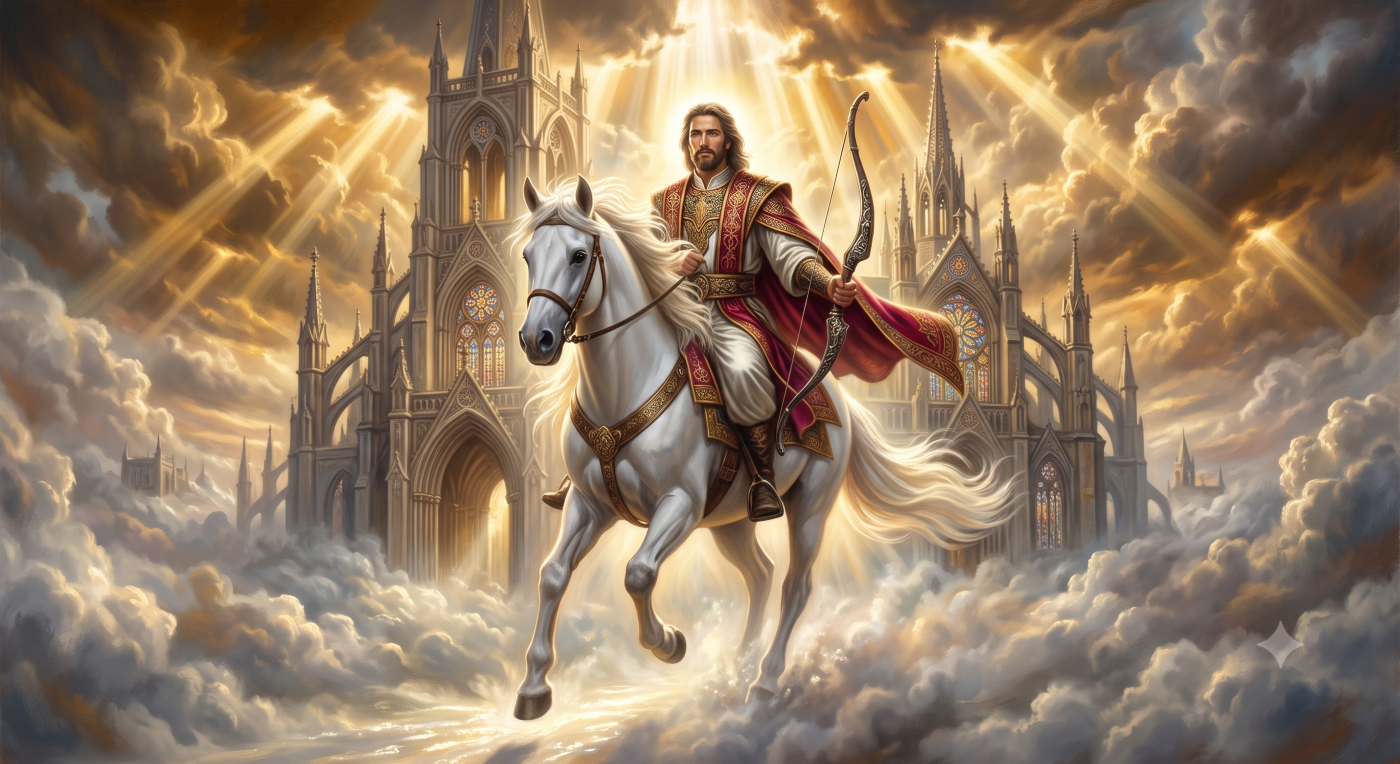 A regal archer with a beard and flowing dark hair, wearing an embroidered red and gold robe and cape, rides a dynamic white horse through clouds. Behind them, a magnificent Gothic cathedral with spires and intricate windows rises against a dramatic sky with golden sun rays. He holds a detailed bow. The horse has elaborate tack.