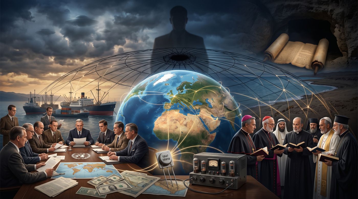 A photorealistic symbolic image illustrating the emergence of a global system from 1947 to 1948. In the upper background, dark storm clouds, faint unidentified aerial objects, and ancient scrolls outside a desert cave near the Dead Sea set a mysterious tone. In the center, a large Earth globe is surrounded by an intricate, cage-like network of glowing communication lines converging at a central shadow. In the foreground, international diplomats meet at a conference table, religious leaders gather with sacred texts, cargo ships sail on trade routes, and a vintage transistor and radio equipment connect to the global web. A towering, shadowed silhouette of a human figure looms in the background.