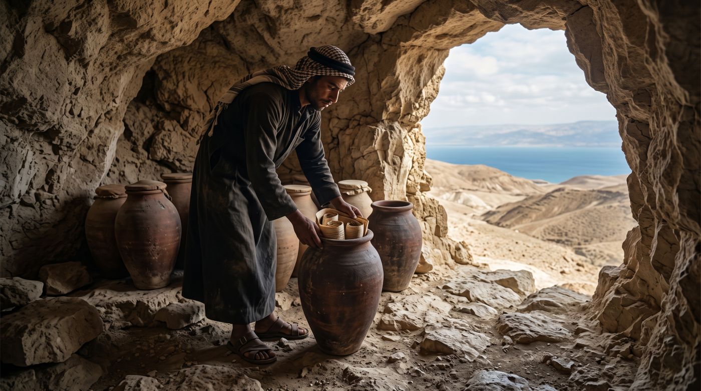 A historical recreation of the 1947 discovery of the Dead Sea Scrolls near Qumran. Inside a sunlit limestone cave, a young Bedouin shepherd dressed in traditional attire carefully examines ancient clay jars, one of which contains preserved parchment scrolls. Through the opening of the cave, the arid hills of the Judean Desert and the blue waters of the Dead Sea are visible in the background.