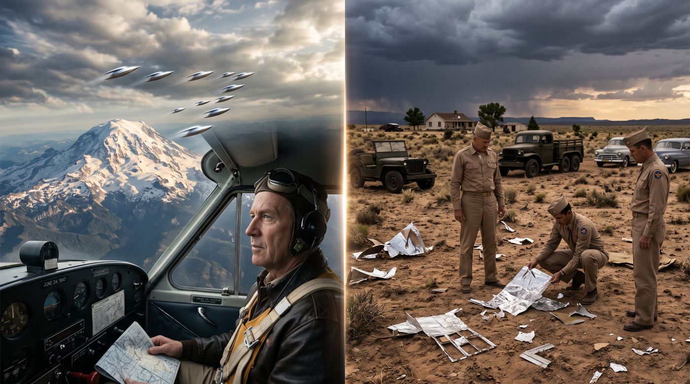 A split-screen historical collage depicting the summer of 1947. On the left side, pilot Kenneth Arnold looks out his airplane cockpit window at mysterious metallic crescent objects flying near snow-capped Mount Rainier. On the right side, military personnel examine shiny metallic debris scattered on the ground in a New Mexico desert setting. A subtle glowing line divides the two scenes down the center.