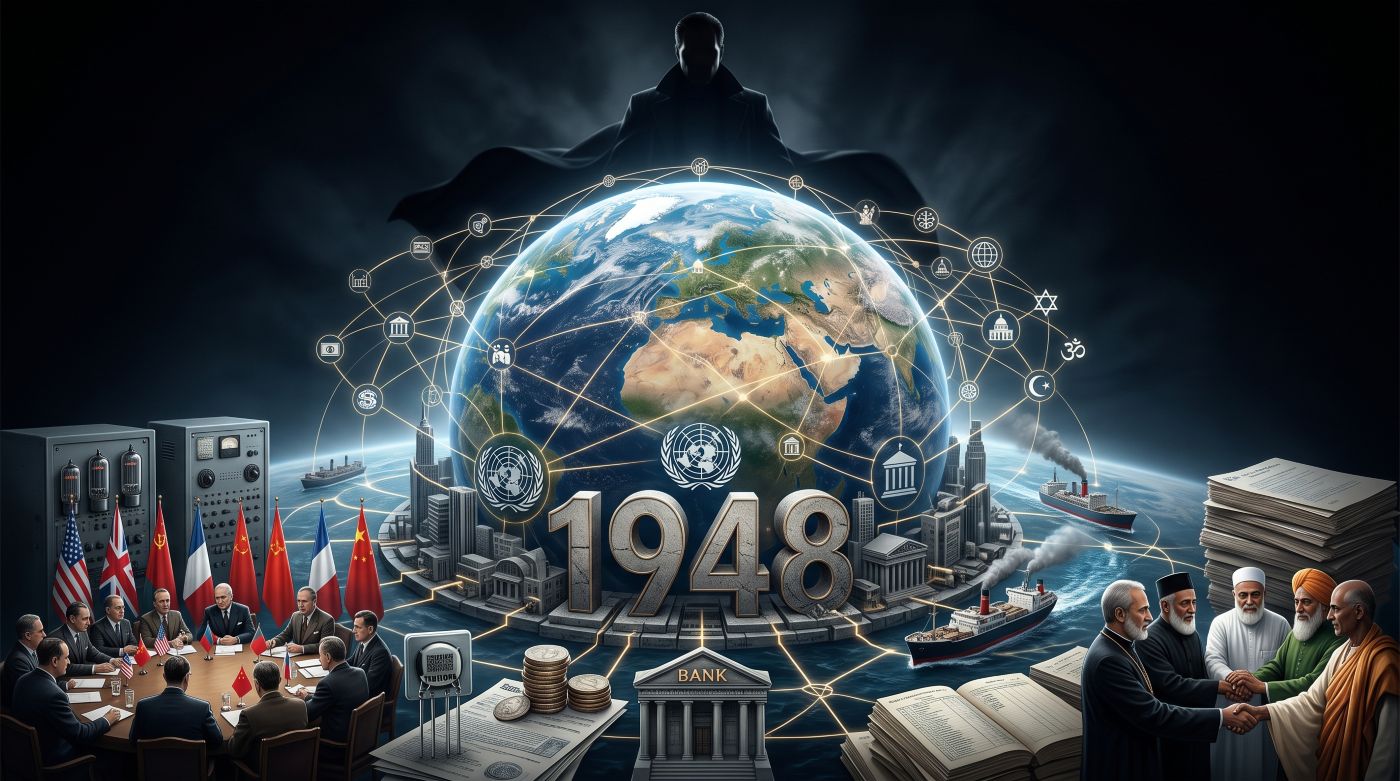 Photorealistic prophecy documentary-style artwork featuring the planet Earth at the center, resting on a foundational, monumental text reading "1948." The globe is enveloped in a web of glowing, interconnected network lines linking elements around its base, including diplomats at an international conference, vintage electronics, international banks, trade cargo ships, and interfaith religious leaders. Towering silently in the dramatic, dark shadows behind the Earth is the mysterious silhouette of an anonymous central figure overlooking the interconnected world.