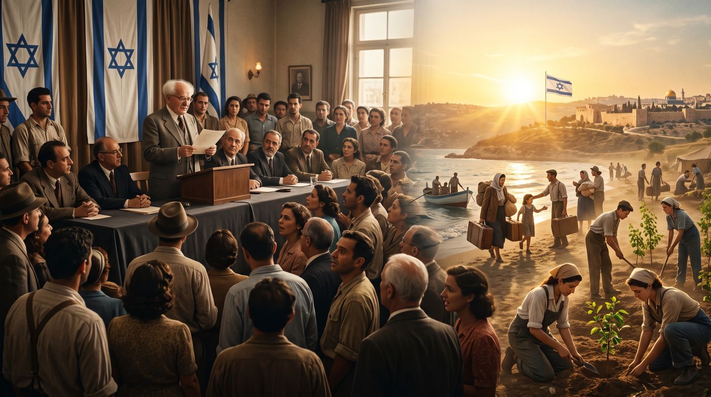A historical composite image. On the left, David Ben-Gurion stands behind a podium with microphones, speaking to a large crowd of people in a formal hall with two Israeli flags hanging behind him. The right side shows an expansive sunlit landscape of ancient Jerusalem on a hill with an Israeli flag. In the mid-ground, a line of people walks onto a beach from a boat carrying large suitcases, while others in the foreground are kneeling to plant saplings.
