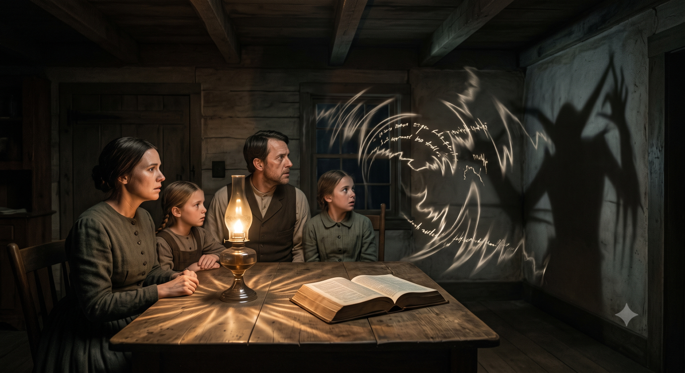 Inside a dimly lit 19th-century log cabin, a pioneer-era family of four sits anxiously around a wooden table, looking up from an open book. A glowing, demonic creature's silhouette and swirling white energy with illegible text project from the shadows on the wall, contrasting with the warm light of an oil lamp. Inside a dimly lit 19th-century log cabin, a pioneer-era family of four sits anxiously around a wooden table, looking up from an open book. A glowing, demonic creature's silhouette and swirling white energy with illegible text project from the shadows on the wall, contrasting with the warm light of an oil lamp.
