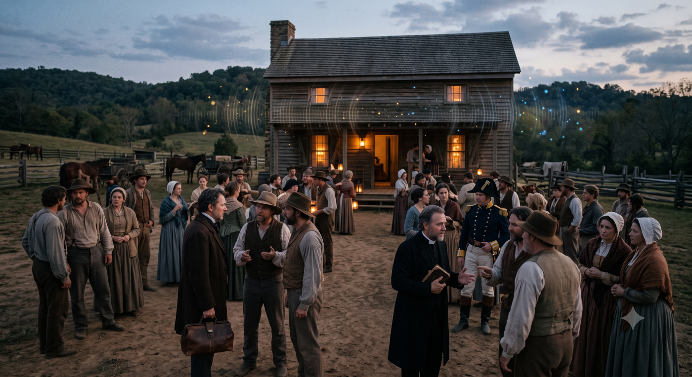 A wide-angle historical scene in Cleveland, Tennessee, showing a large crowd of 19th-century men and women in period attire—including a doctor with a bag and a clergyman—gathered on a dirt path outside a two-story wooden farmhouse at twilight, with green rolling hills and horses in the background. A wide-angle historical scene in Cleveland, Tennessee, showing a large crowd of 19th-century men and women in period attire—including a doctor with a bag and a clergyman—gathered on a dirt path outside a two-story wooden farmhouse at twilight, with green rolling hills and horses in the background.