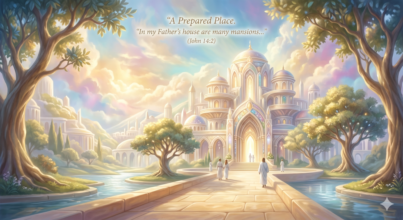 A biblical artistic rendering of what heaven is like, showing a prepared place with grand mansions, golden paths, and peaceful gardens under a celestial sky.