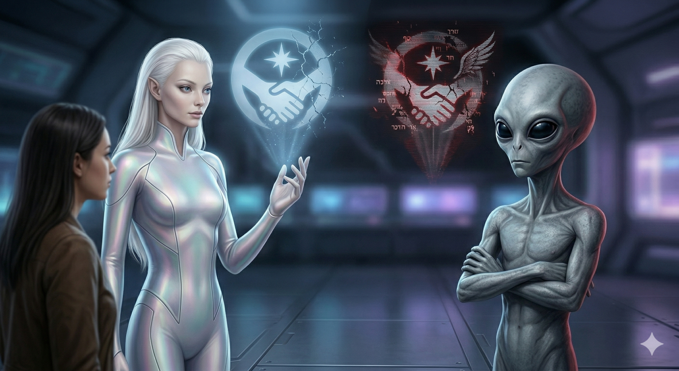 A side-by-side comparison photograph taken within a dimly lit, futuristic interior. Two distinct, non-human entities stand side-by-side on a metallic floor. On the left, a tall, slender 'Nordic' alien with long white hair, pale skin, and a sleek, subtly iridescent silver and white suit looks toward a female human who is listening intently. The Nordic alien's eyes are large and calm, and a gentle hand is raised as if in instruction. Above this figure, a faint, translucent blue holographic projection displays a symbol of intertwined hands and a star. On the right, a classic 'Grey' alien with a bulbous head, large, deep black almond-shaped eyes, and a smooth, grey, textured skin suit stands, its arms crossed. Above this figure, a darker, flickering, red-tinged holographic projection is visible, revealing a distorted, fragmented symbol, referencing the 'lying wonders' of scripture and the fallen nature discussed in the content. Both entities are in sharp focus, while the female human and the background of soft, ambient blue and purple light panels are slightly blurred, emphasizing the analytical comparison between the two manifestations under a single spiritual reality, as a biblical perspective on modern alien deception explained.