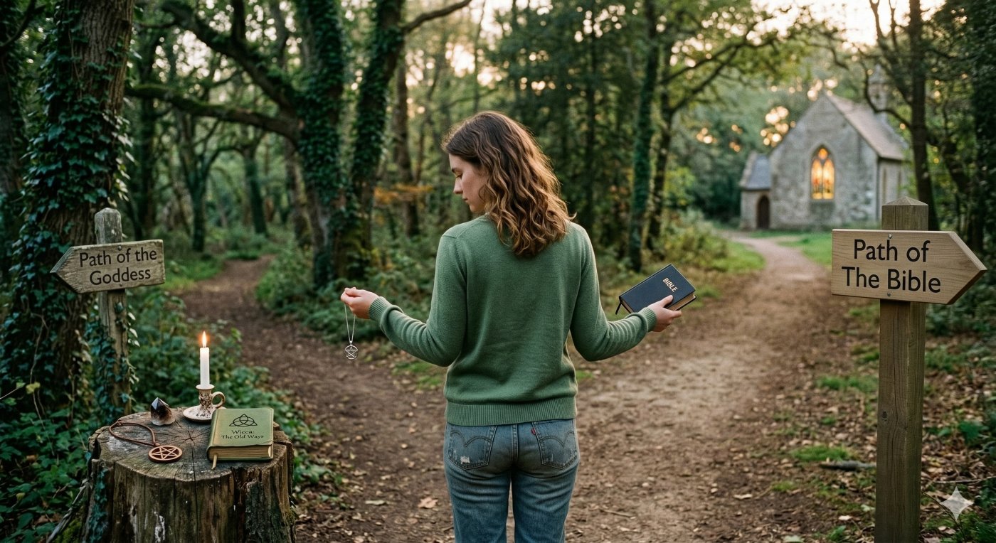 A woman stands at a fork in a wooded path, holding a pentagram necklace in one hand and a Bible in the other, choosing between the "Path of the Goddess" and the "Path of The Bible."