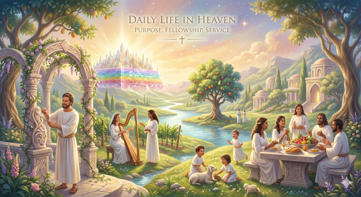 A biblical depiction of what heaven is like in terms of daily life, showing glorified believers engaging in purposeful work, creative arts, joyful feasting, and perfect community in a luminous New Earth landscape near the River of Life.