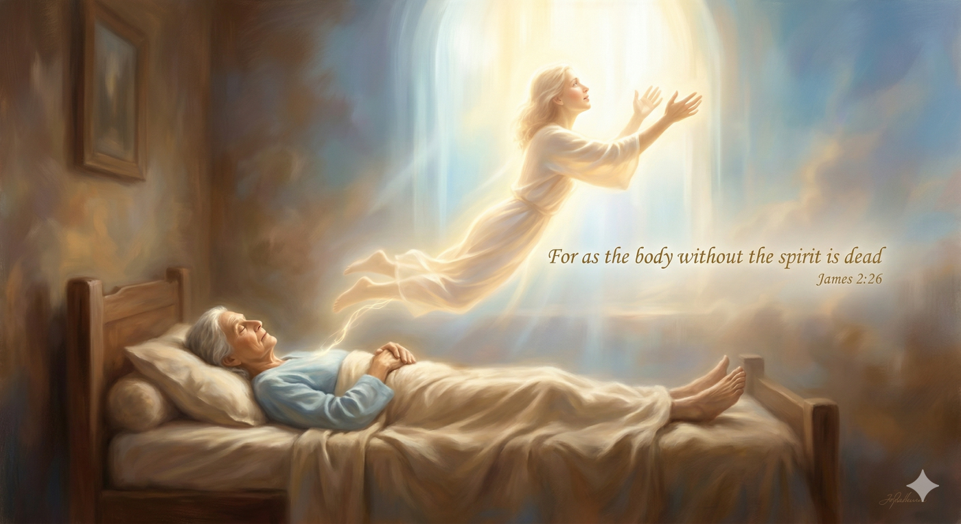 An ethereal Biblical depiction of the transition at physical death: a glowing, luminous spirit-body is shown peacefully ascending and detaching from a still physical body, illustrating the concept of spiritual separation defined in James 2:26.