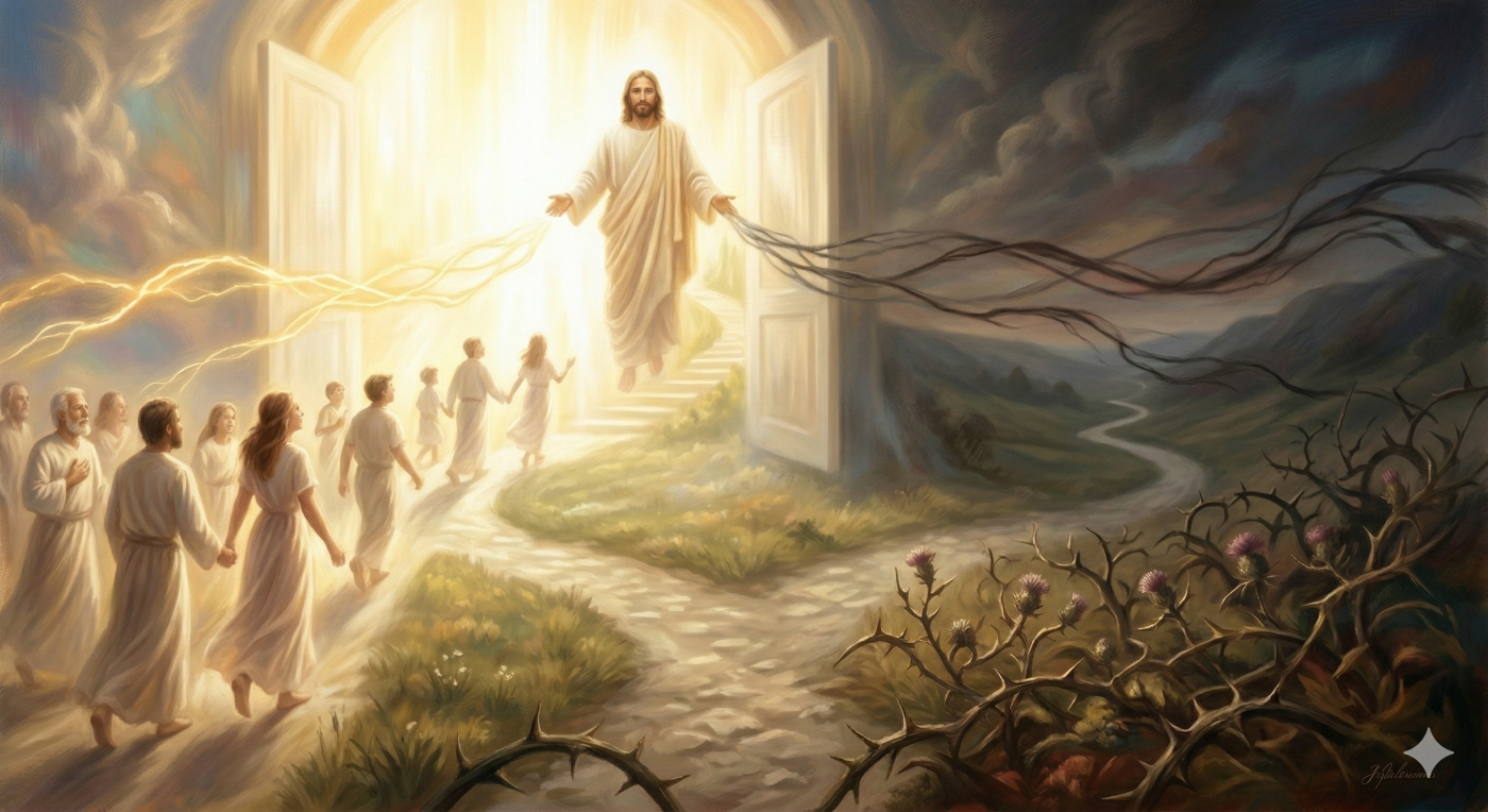 A soft-focus, triumphant Biblical painting visualizing the ultimate spiritual choice: a winding path reaches a fork. The left path, bathed in divine golden-white light, re-engages the unbreakable golden cord and leads to heaven; the right path, leading into deep shadow and gnarled thorns, represents separation, visualizing the profound choice of where to spend eternity.