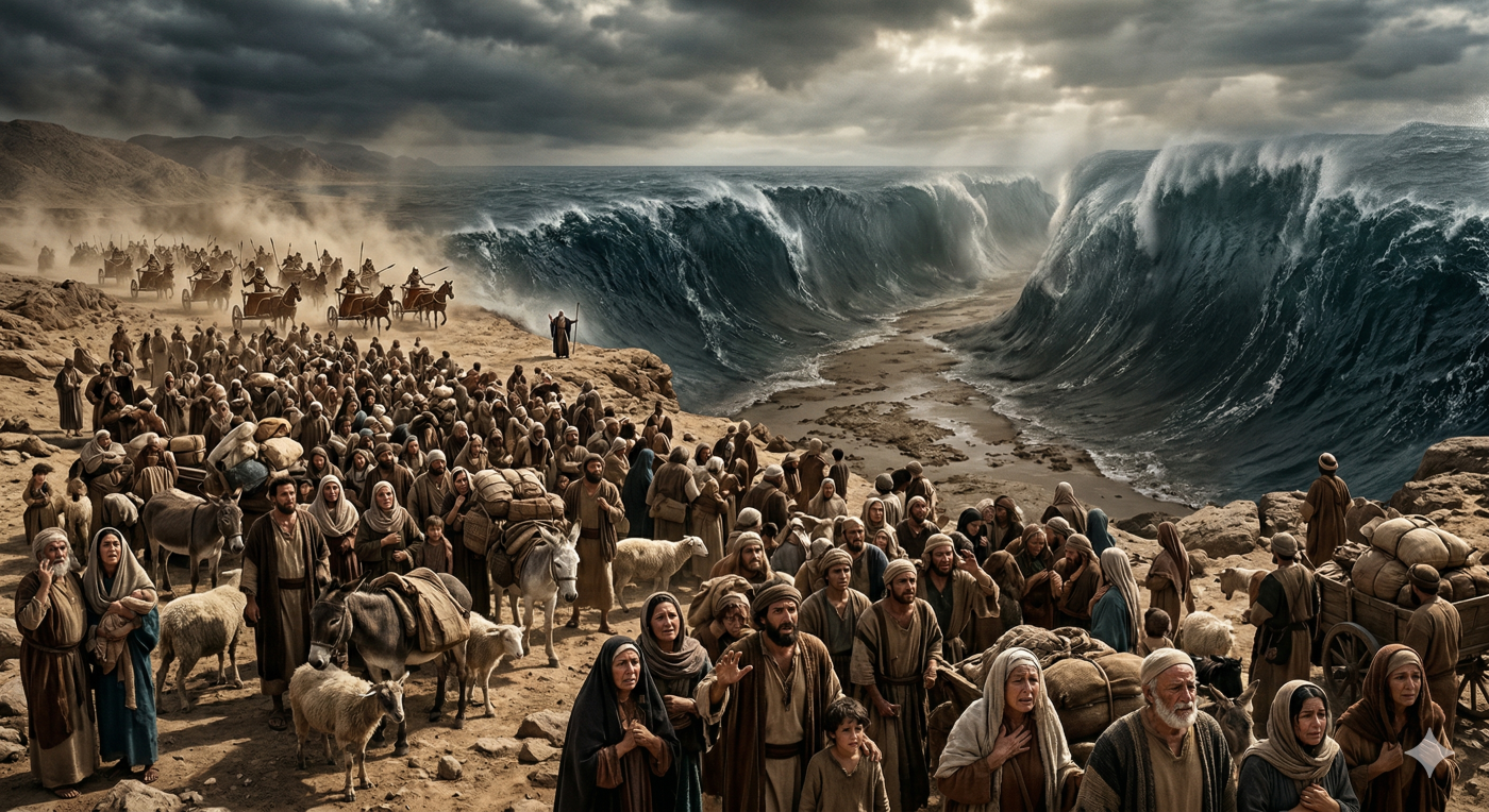 A wide-angle, dramatic photograph of the Israelites huddled on the rocky shore of the Red Sea under a dark, stormy sky, reacting with fear and despair to the approaching Egyptian army in the distance, rather than the miraculous parting of the waters happening beside them.