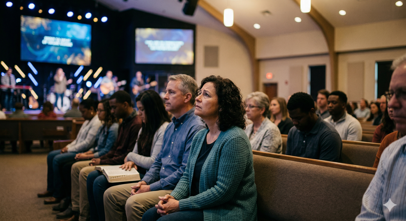 A diverse group of people sitting in church pews, with a woman in the foreground looking upward with a contemplative and searching expression during a contemporary worship service.
