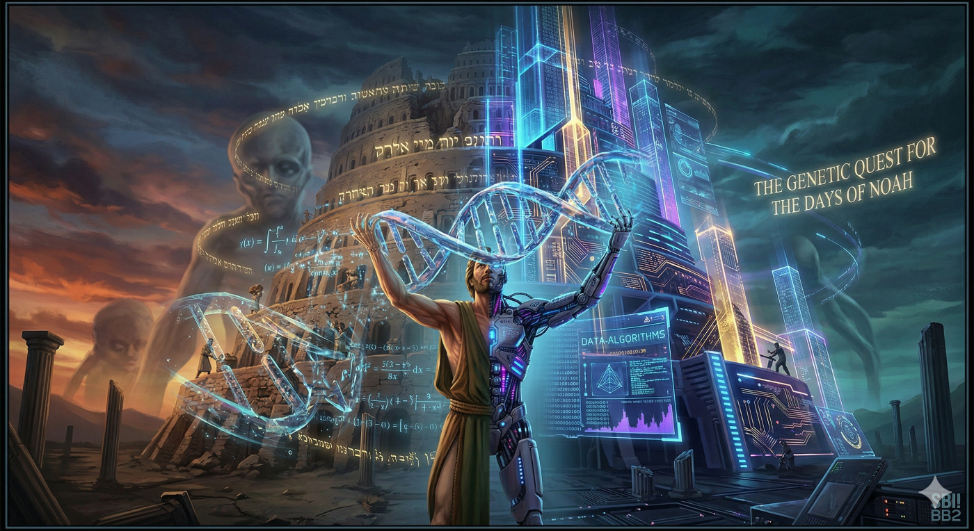 A dramatic digital illustration connecting transhumanism and the bible, depicting a cybernetic human figure in the foreground trying to physically merge with a massive, glowing genetic double helix. In the background, ancient ruins are haunted by large, ethereal Nephilim-style skeletal figures, illustrating a scientific quest to repeat the genetic corruption of the Days of Noah.