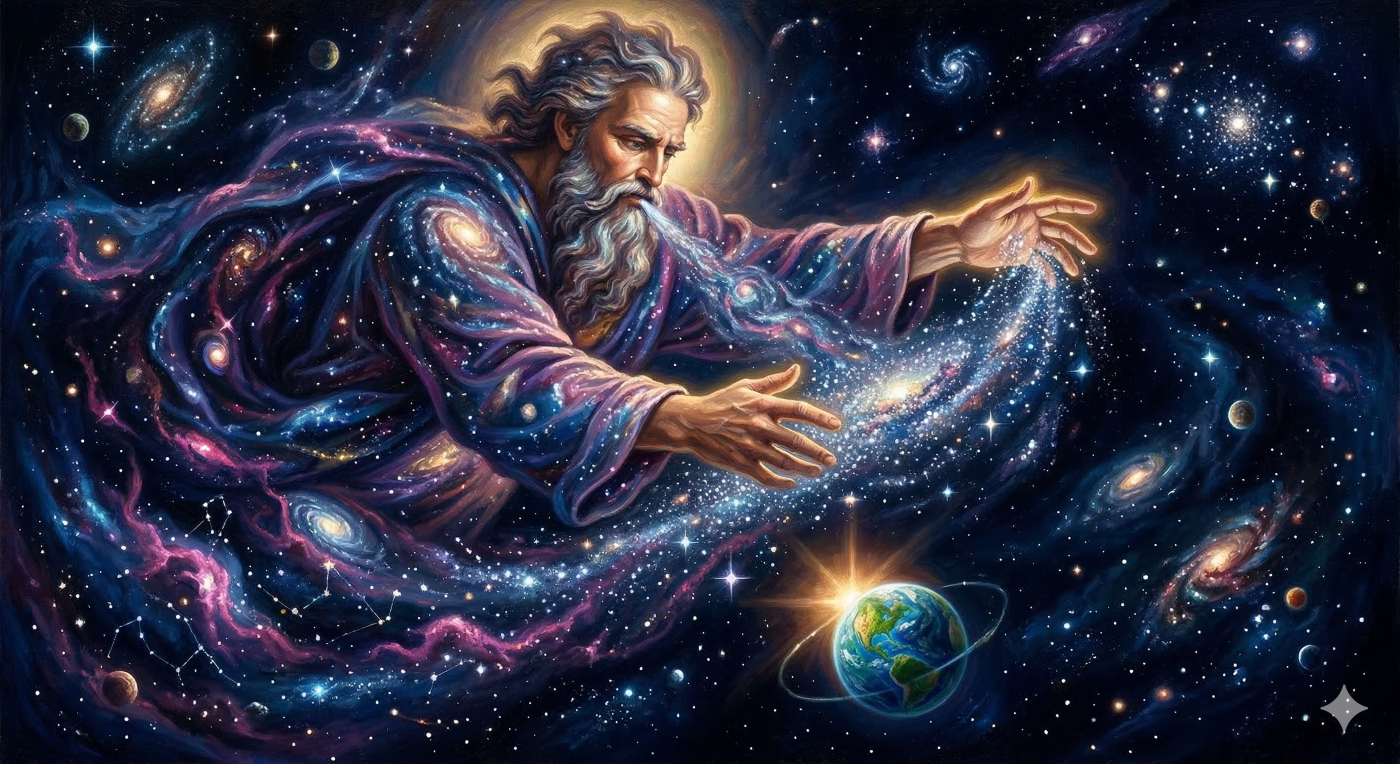 A majestic Renaissance-style oil painting rendered on a large canvas, depicting God the Creator actively breathing out a flowing river of glowing, newborn stars and cosmic dust. His majestic hands shape a nebula and form a dense cluster of brilliant stars against the deep void of space. Small planets, including a miniature Earth, spin in orbit around the nascent solar system. The composition is awe-inspiring and dynamic, using rich, deep colors and visible brushstrokes. A soft, divine light radiates from the central figure. No text is visible.