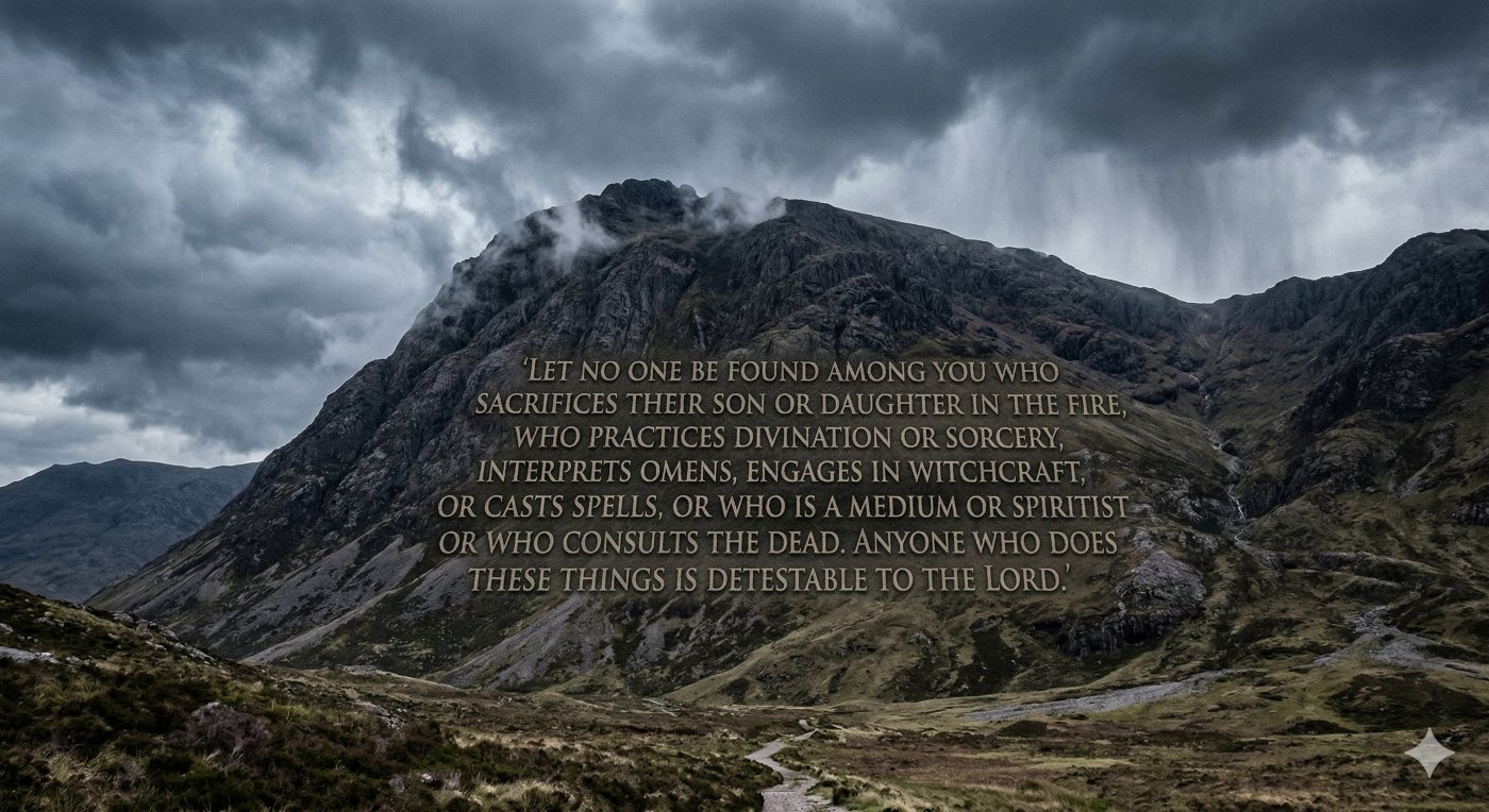 A rugged, rocky mountain peak under a dark, storm-filled sky with the biblical text of Deuteronomy 18:10-12 overlaid on the mountainside.