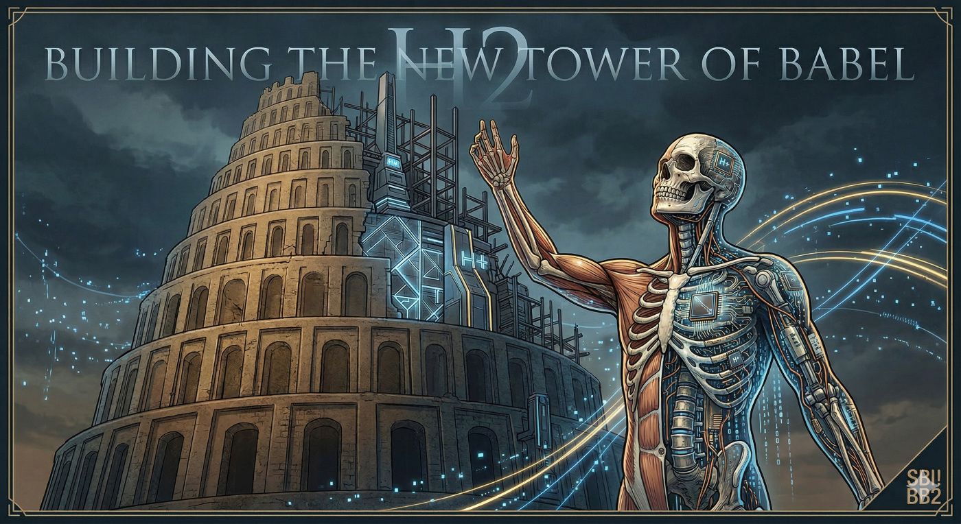 A stylized illustration showing a split human figure, composed of human biology and exposed cybernetic/data-stream components, reaching up toward a hybrid structure that merges the ancient stone Tower of Babel with futuristic, glowing digital architecture. The visual embodies transhumanism and the bible as a repeat of the ancient rebellion.