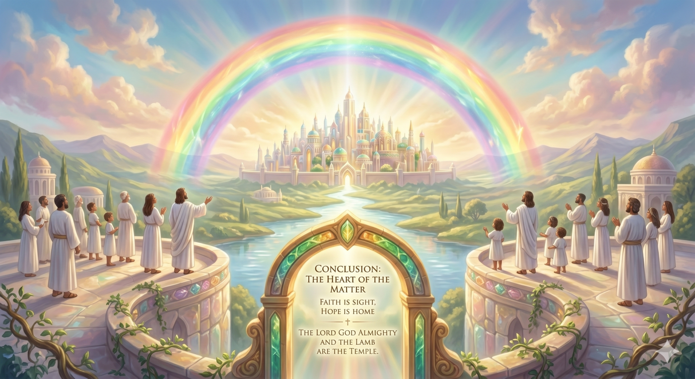 A biblical depiction of what heaven is like in the final state, showing a perfect, unified community of glorified believers gazing toward the New Jerusalem with a radiant rainbow, summarizing that eternal life is defined by the direct presence of God.