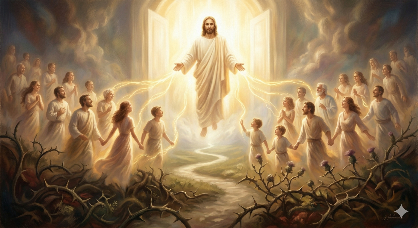 A soft-focus, triumphant Biblical painting: transfigured human souls, glowing with spiritual light, are shown ascending towards a radiant Resurrected Christ, illustrating 1 Corinthians 15 and the victory over the curse of gnarled thorns, which are seen retreating below.