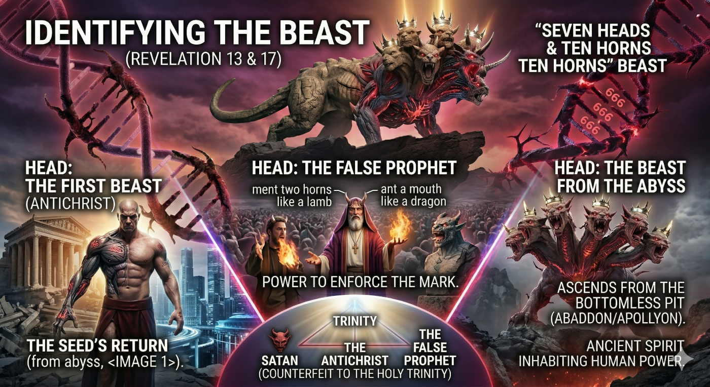 What does scripture say about the "Beast"? This figure is mentioned numerous times in the book of Revelation as a power that "ascends out of the bottomless pit" (Rev 11:7). This identifies the Beast as more than just a human politician; he is a man controlled or inhabited by spirits from the abyss.  Just as the Nephilim were a hybrid of the earthly and the spiritual, the Beast represents an unholy union between a man and the "angel of the bottomless pit," whose name is Abaddon or Apollyon (Rev 9:11). This "Beast" system is a counterfeit to the Holy Trinity, involving the Dragon (Satan), the Beast from the Sea (Antichrist), and the Beast from the Earth (False Prophet).