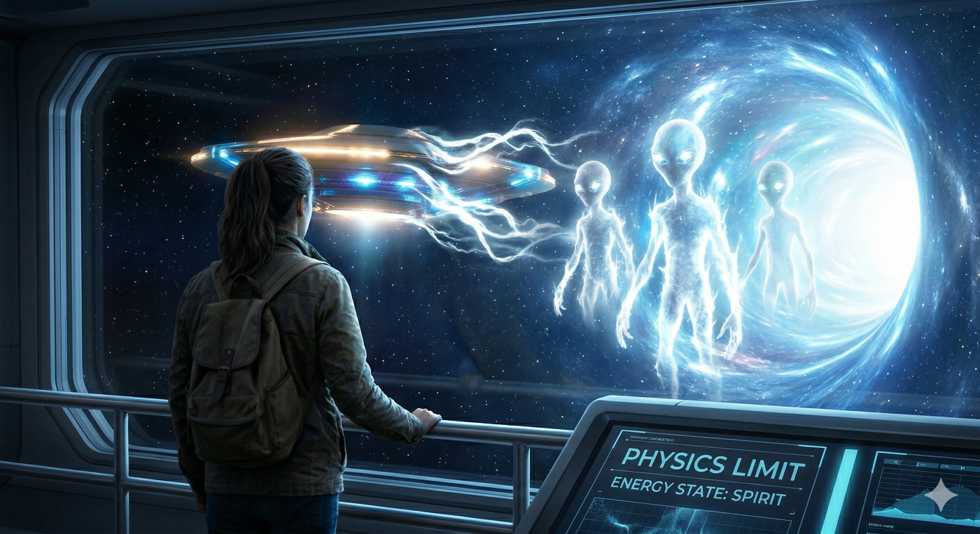 A high-resolution photograph taken from the perspective of an advanced observatory control room, but looking out through an expansive observation window at a deep space anomaly. A female human character, wearing a weathered jacket and backpack, similar to the observer in image_0.png, is standing close to the glass, gripping a metal railing, her back to the camera. Outside the window, the incredibly bright and swirling blue and white light of a hypothetical stable wormhole or interdimensional fold is opening, consuming the far distant stars. Just inside this field, the familiar metallic UFO craft seen in image_0.png and image_2.png is visible, but it is not navigating; instead, its structured form is deforming and splitting apart into streams of glowing white-blue spiritual energy. From within the opening aperture, three distinct 'Grey' alien forms are materializing, composed entirely of that same bright, flickering, translucent energy. They are not physical; they have no flesh. Their large eyes are visible as points of more intense light. The control console in the foreground, with its faint blue light panels, shows an interface displaying the words 'PHYSICS LIMIT' and 'ENERGY STATE: SPIRIT,' contrasting the secular view against the biblical reality. The entire scene is in sharp focus, capturing the tension between the physical observer and the dimension-shifting entities. The atmosphere is awe-inspiring and slightly alarming, illustrating the breakdown of the physical ET hypothesis as a biblical perspective on modern alien deception explained.